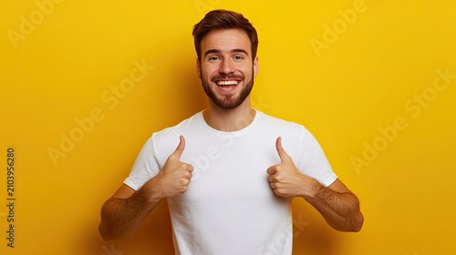 A man with a beard and brown hair gives a thumbs-up gesture,