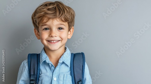 A young boy with light brown hair and a backpack, smiling and looking directly at the camera against a plain gray background.