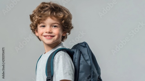 A young boy with curly brown hair is smiling and looking at the camera.