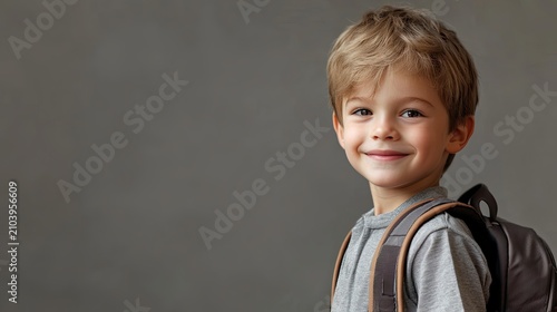 A young boy with blonde hair stands against a gray background,