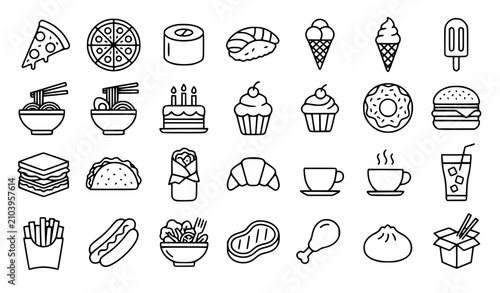 Fotografie food, line icons, pizza, sushi, ice cream, noodles, cake, burger, sandwich, taco