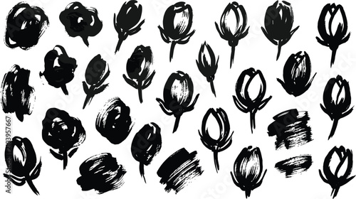 Canvastavla Hand drawn black ink rose bud elements set featuring sketchy floral blossoms textured plant stems and brush stroke doodles