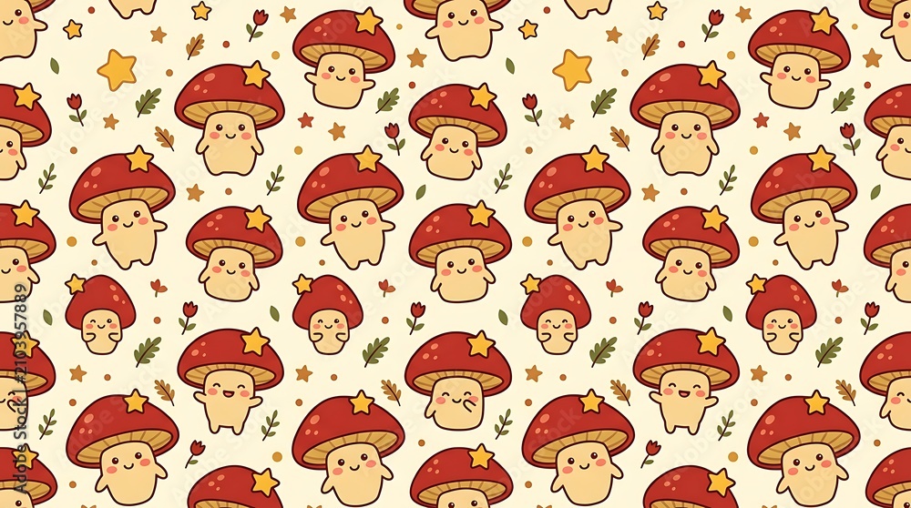 Fototapeta premium Seamless pattern of cute mushroom characters with yellow stars