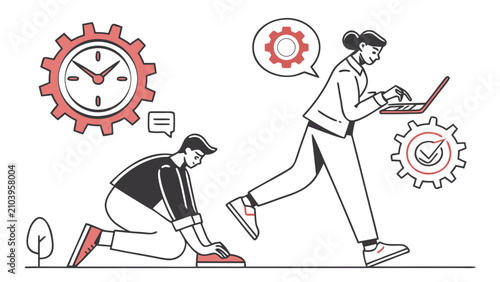 Professional business productivity and team workflow line art with business