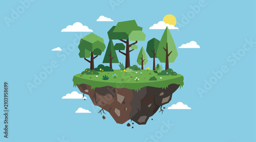 A beautiful floating island with green trees and grass in a blue sky.