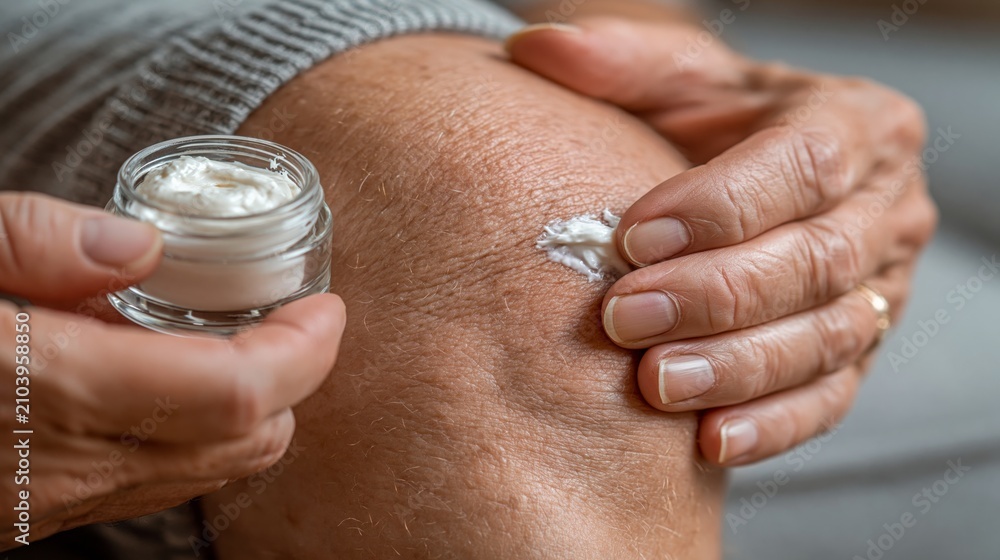 Fototapeta premium Elderly hands apply moisturizing cream to a dry, wrinkled knee against a soft grey background.