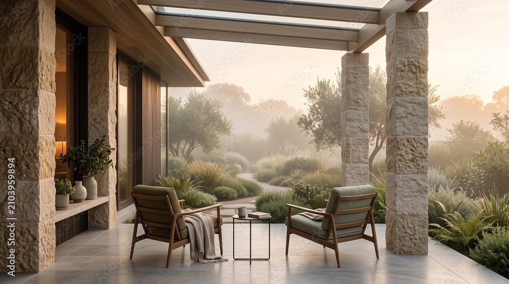 Fototapeta premium Outdoor patio lounge overlooking a misty morning landscape garden with sunlight