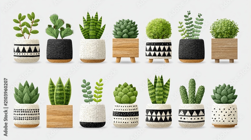 Fototapeta premium A collection of diverse succulent and leafy plants arranged in various decorative pots against a clean white background.