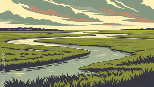 Stylized winding river landscape through grassy wetlands with wetlands, peaceful