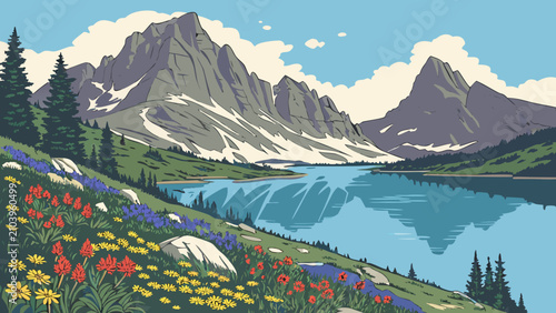 Alpine landscape illustration with wildflowers and mountains mountain national