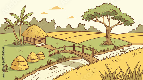 Fotografía Rural landscape with thatched hut and farm fields landscape countryside