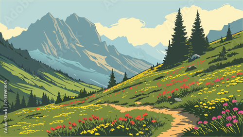 Mountain valley landscape with wildflowers and hiking trail mountain landscape
