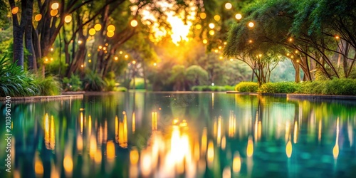 Serene Evening Reflection in a Tranquil Garden Pool with Soft Lighting