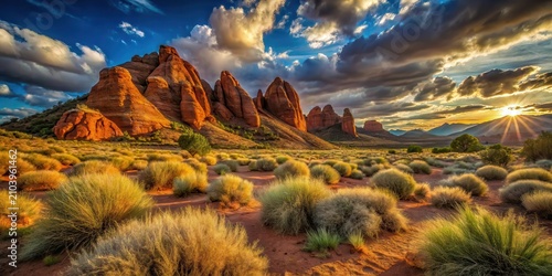 Arid landscape sunset showcasing vibrant hues of red sandstone formations and golden grasses under a dramatic sky