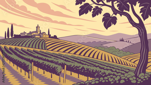 Φωτογραφία Picturesque vineyard estate on rolling hillside at sunset with vineyard
