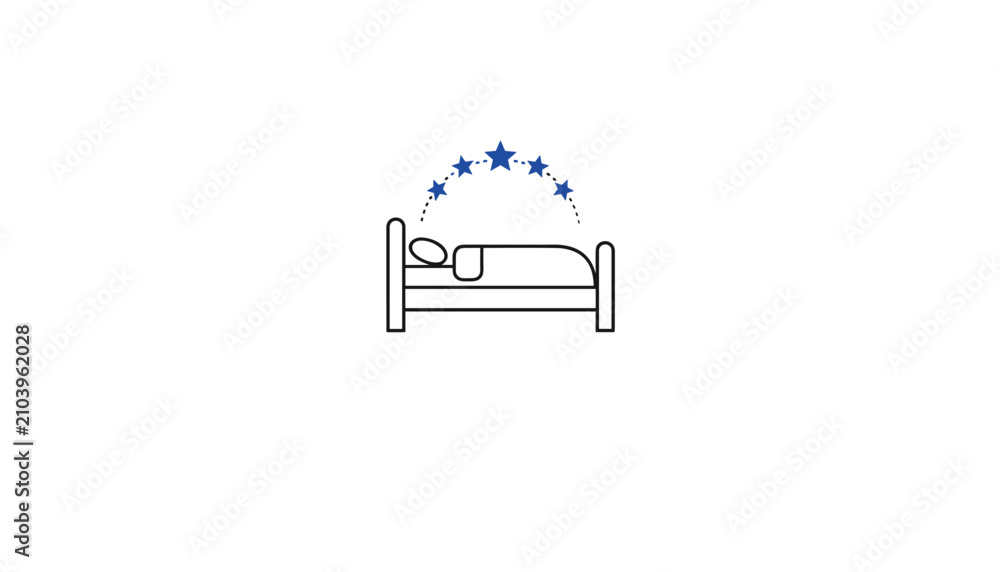 Fototapeta premium Five star hotel rating vector icon featuring a comfortable bed outline under an arc of five blue stars.