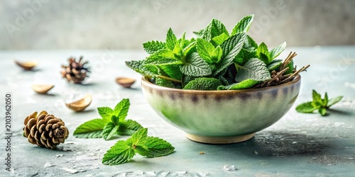 Aromatic Fresh Mint Leaves in a Rustic Bowl with Pine Cones and Natural Elements on a Textured Surface