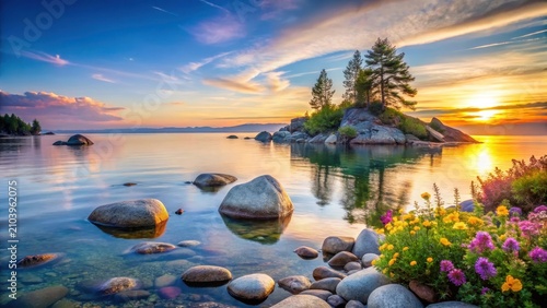 Serene Sunset Over Calm Water, Rocky Shoreline, and Vibrant Wildflowers