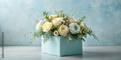 Elegant pastel roses arranged in a light blue square box on a wooden surface against a textured background