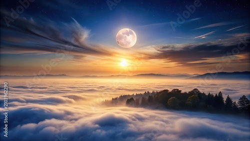 Serene Sunset Panorama Island of Trees Enveloped in a Sea of Clouds, Illuminated by the Radiant Glow of the Rising Sun and a Full Moon