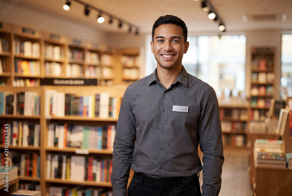 Fototapeta premium Smiling bookstore employee standing between bookshelves