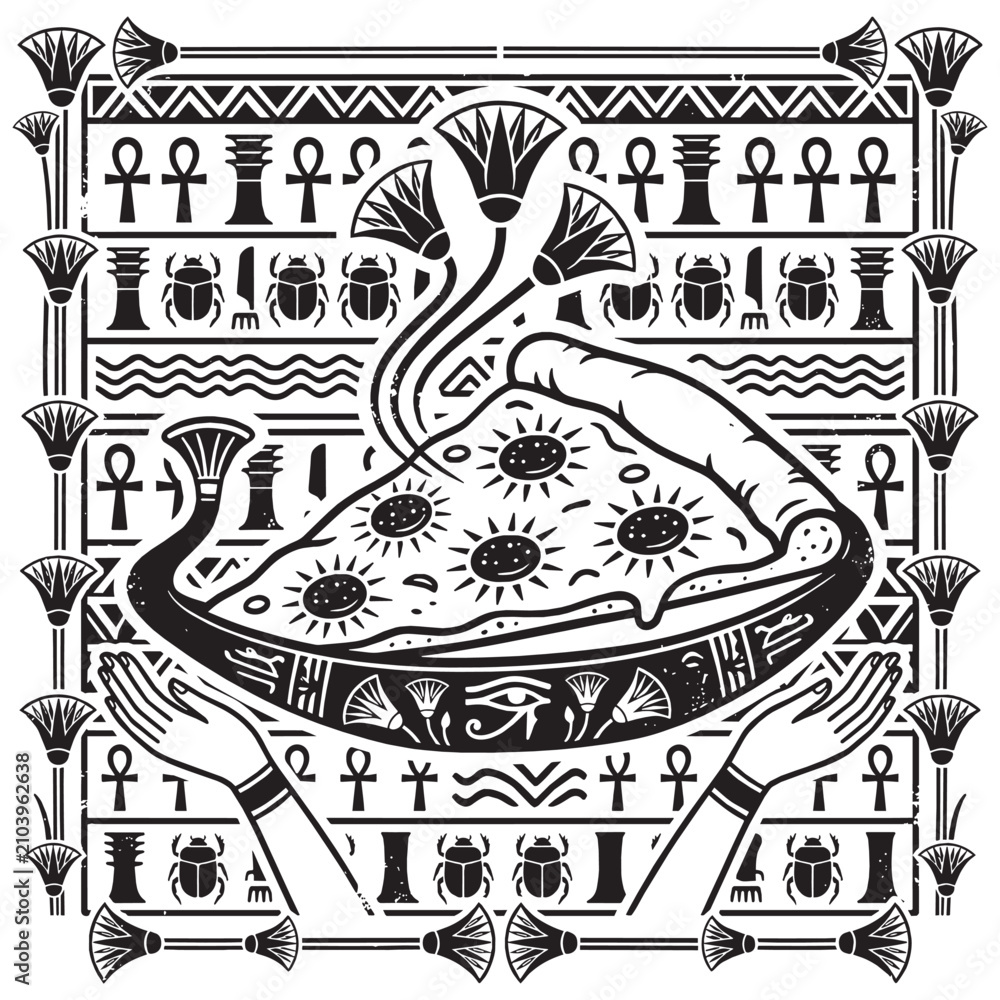 Obraz premium Ancient Egyptian Hieroglyphic Art Inspired Pizza Slice with Papyrus Texture Scarabs Ankh Symbols and Lotus Pattern in Black and White