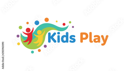 Colorful kids play logo design featuring happy jumping children silhouettes with bright waves and dots on white background.
