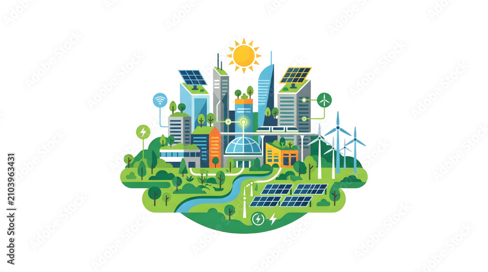 Fototapeta premium Vibrant Eco-Friendly Cityscape Illustrating Sustainable Urban Development and Renewable Energy Solutions for a Greener Future