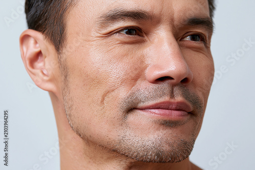 Asian man close up clinical macro portrait showing jawline skin texture, stubble, fine lines and natural expression conveying calm confidence