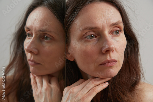Middle aged woman portrait sadness reflection tired skin dull complexion contemplative expression