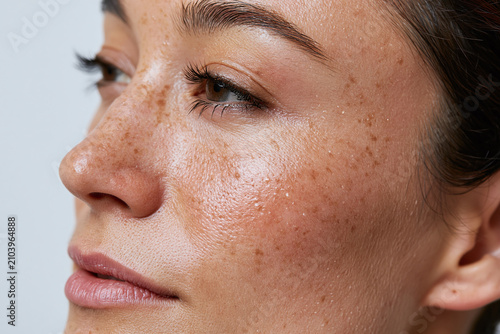 Close up of woman with natural freckled skin and visible pores showing realistic texture and subtle makeup, conveying confidence and skincare authenticity