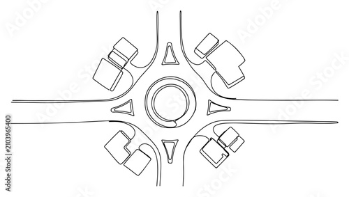 Roundabout traffic junction from top view perspective in continuous line drawing style