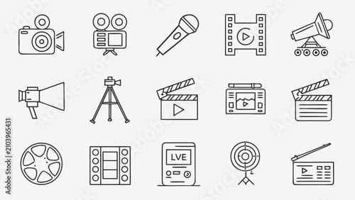 Photos Set of film and production icons in line art style with production, broadcast