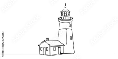 Tableau sur toile Classic lighthouse with adjacent keeper cottage building one line drawing style