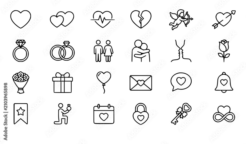 Fototapeta premium Professional Love Outline Icon Pack with Heart, Wedding, Couple and Valentine Editable Stroke Icons