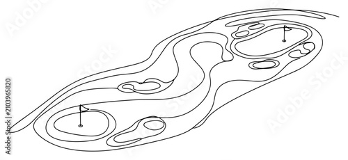 Golf course layout with greens and flags in continuous line style