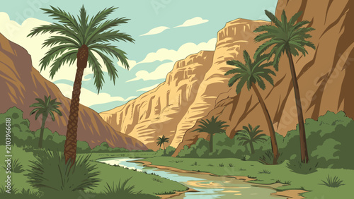 Foto Palm trees in a lush green canyon with a stream landscape formations tropical
