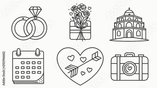 Fotografie Six black and white icons representing wedding and honeymoon with wedding party