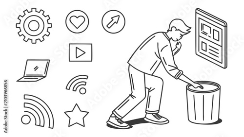 Fotografie Man discarding digital data into trash can with icons illustration, technology