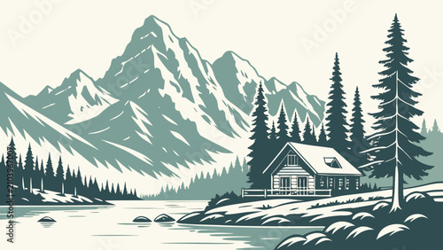 Mountain cabin landscape with forest and river illustration mountain landscape