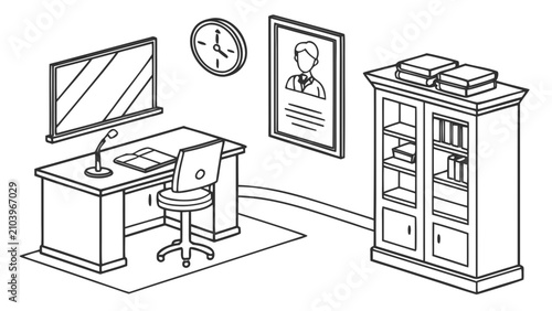 Isometric office workspace interior line art illustration with workspace