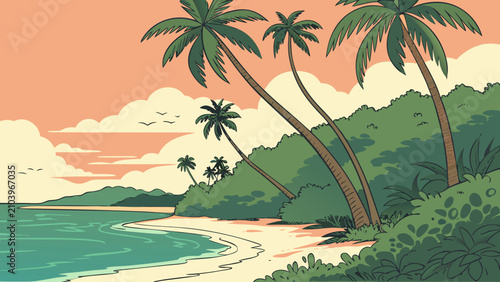 Tropical beach shoreline with palm trees and ocean tropical coastline