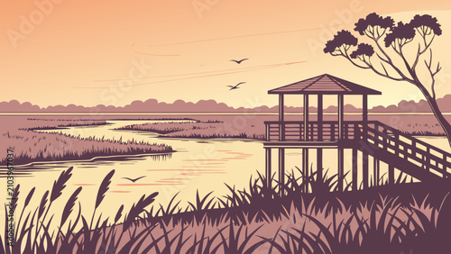 Sunset wetland observation deck landscape graphic with observation, landscape