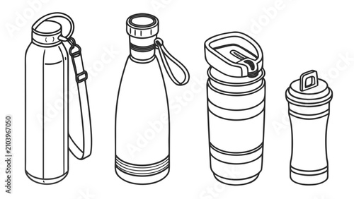 Collection of reusable metal water bottles line art with reusable, container