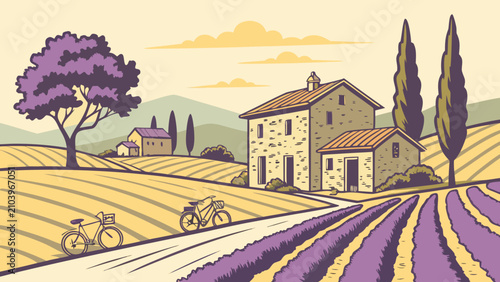 Rustic farmhouse landscape with lavender fields and bicycles, landscape