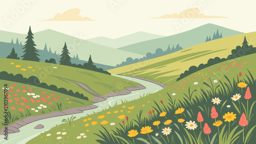 Spring mountain landscape with wildflowers and river landscape mountain