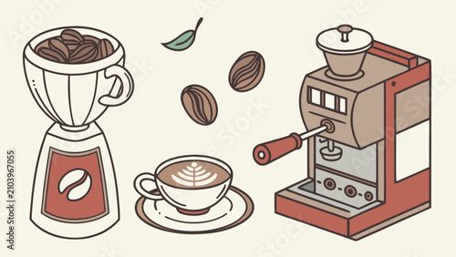 Coffee preparation equipment and latte art illustration with espresso, beverage
