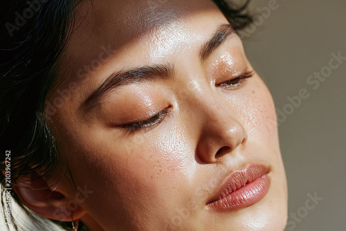 Soft natural close up of Japanese woman with dewy skin, closed eyes and subtle freckles, conveying calm beauty and skin care confidence