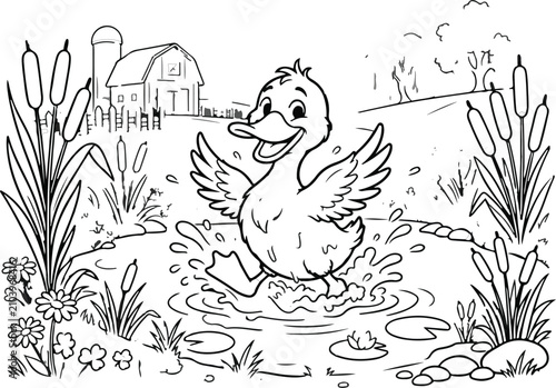 Konstfotografi Charming duckling running through puddle illustration for children's books and c