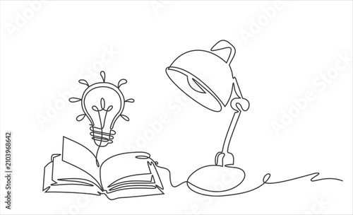 Continuous one line drawing of desk lamp and books design. Book and table lamp in single line draw illustration. Editable stroke.
